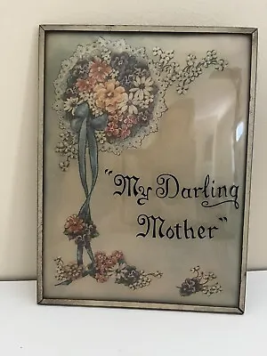 Vintage Reverse Picture Domed Silhouette Lettering Convex Glass Flowers Mother • $14.99