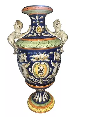 Rare Italian Majolica Vase With Cherub Double Handles Made In Italy Signed • $274.99