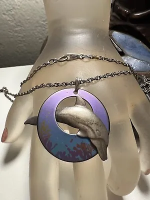 Vintage Sterling Silver Painted Dolphin Hoop Pendant With Chain Necklace • $35