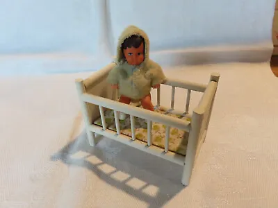 Vintage Shackman Rubber Jointed Baby Doll In Crib Dollhouse Size 1:12 Scale • $25