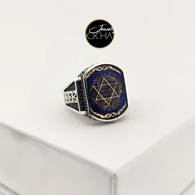 Seal Of SolomonDavid StarBlack ZirconSquareBlue Enamel925 Silver Men's Ring • £136.97