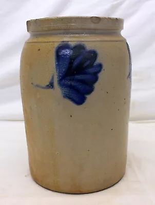 Antique 1 Gallon Salt Glazed SONEWARE JUG W/ COBALT BLUE Flowers Leaves 9  Tall • $119.96