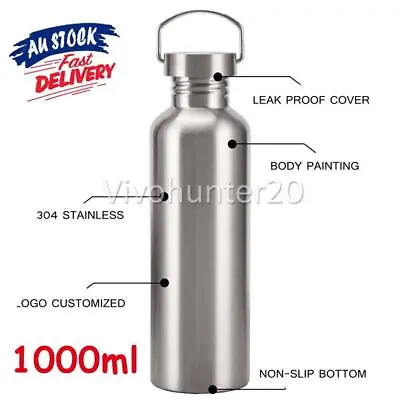 1000ml Stainless Steel Water Bottle Motivational Sports Drink Cup Flask Silvery • $17.99