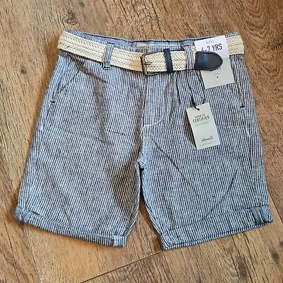 £6.99 • Buy Bnwt Boys Blue Linen Mix Chino Shorts & Belt Age 6-7 Years Adjustable Waist