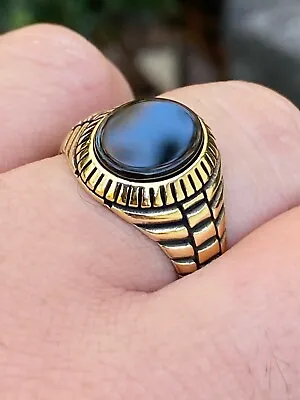 Mens 14k Gold Plated Real Solid 925 Sterling Silver Black Onyx Round Signet Ring • $39.31