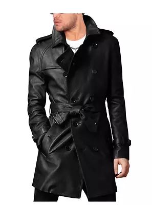 Men's Stylish Belted Black Long Coat Leather Trench Coat Pea Coat-bnwt • $116.49