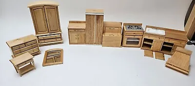 Miniature Dollhouse Light Oak Kitchen & Bedroom Furniture - Sink Stove Fridge • $49.95