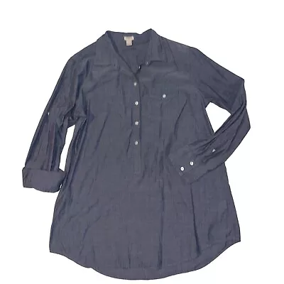 J Crew Blue Chambray Long Roll Tab Sleeve Collared Shirt Dress Womens Large • $23.99