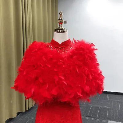 Real Ostrich Feather Fur Cape Shrug Bride Wedding Dinner Shawl Fluffy Red • $36