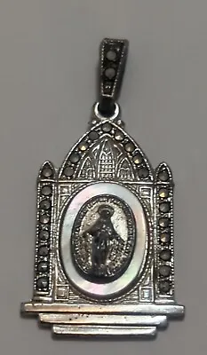Vintage Sterling Marcasite Mother Of Pearl Religious Pendant • $19.99