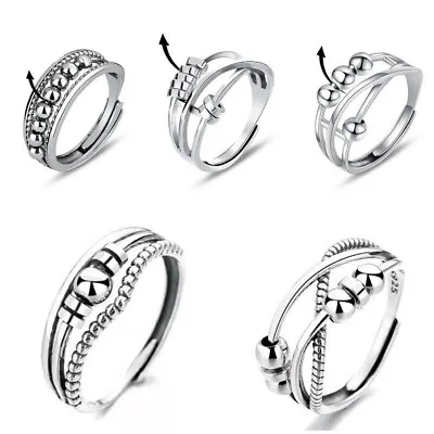 Adjustable Anxiety Ring Silver Relieve Fidget Spinner Worry Beads Meditation 1PC • $4.18