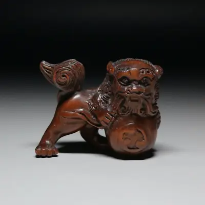NETSUKE Japanese Wooden Sculpture Wood Carving Shishi Lion 2.0x1.1x1.6in • £96.51
