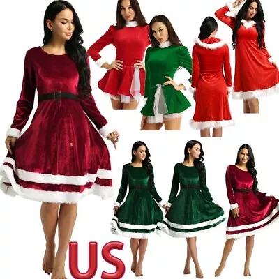US Women Mrs Santa Claus Long Sleeve Dress Costume Christmas Fancy Dress Outfits • $7.99