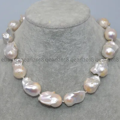 Natural Huge 15-25mm South Sea White Baroque Pearl Necklace Magnetic Clasp • $99.99