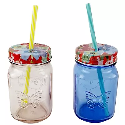 Pioneer Woman Mason Jar Drinking Glasses 2 Straws 16 Oz Sapphire Blue Rosewater • $19.99