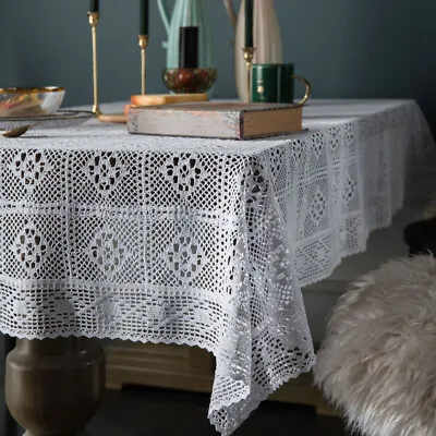 $7.07 • Buy Vintage Hand Crochet Lace Tablecloth Rectangle Cotton Table Cloth Covers Prop