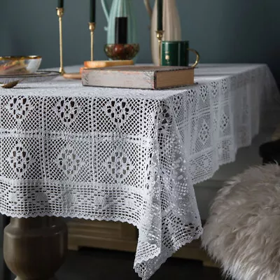 $7.07 • Buy Vintage Hand Crochet Lace Tablecloth Rectangle Cotton Table Cloth Covers Prop