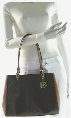 NWT$428.00 - Michael Kors Sofia LARGE PVC Leather MK Signature Tote Bag Brown  • $109