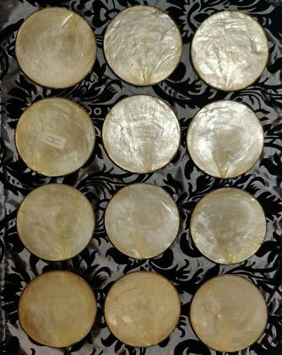 $44 • Buy 12 VTG Mother Of Pearl Capiz Shell Coaster Set W Cork Backs Golden Rim Handmade