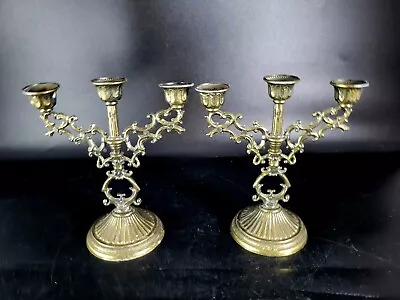 Vintage Brass Candelabra 3 Arms Candle Stick Holder Set Made In Italy 5.25” Tall • $45