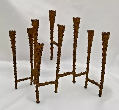 Vintage MCM Brutalist Gothic Abstract 9 Candles Forged Iron Gold Tone Candelabra • $75