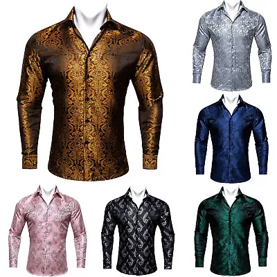 Mens Purple Black Paisley Silk Shirt Long Sleeve Casual Button-down Shirts Tops • $19.99