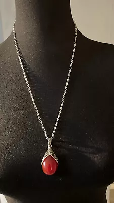 Silver Tone Red Teardrop Acrylic Heart Medallion Pendant Necklace Rhinestones • $12