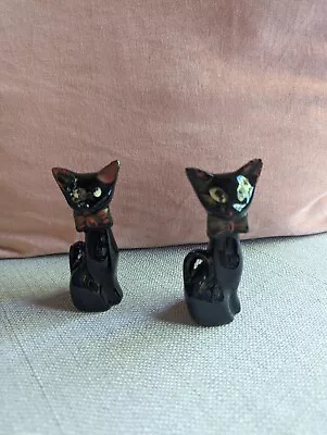 Vintage MCM Japan Clay Black Sitting Cat Figurine Paint. (2) • $28