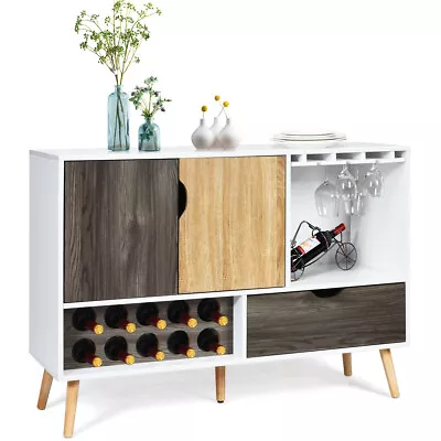 Mid-Century Buffet Sideboard Wooden Storage Cabinet W/ Wine Rack & Glass Holder • $149.99