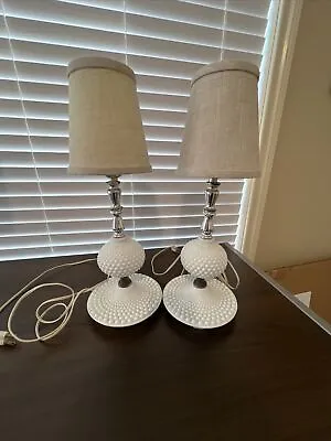 Set Of 2 - Vintage Antique Hobnail White Milk Glass Lamps - 16” Tall With Shade • $19
