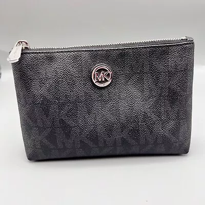 Michael Kors MK Black W/ Silver Fulton Travel Case Logo Cosmetic Makeup Pouch • $35.99