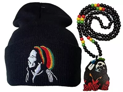 Bob Marley Rasta Wood Bead Necklace Red Green Black W/ Winter Weed Beanie Hat  • $29.96