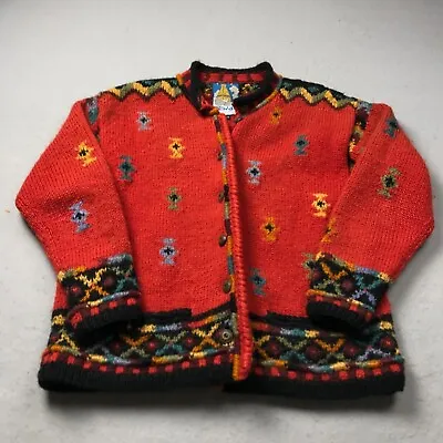 VINTAGE Newari Sweater Womens Small Medium Orange Wool Cardigan Nepal Icelandic • $47.99