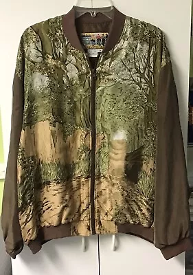 Vtg ATLANTIC BEACH 100% Silk Bomber Jacket Sz 2X Equestrian And Dog Print • $49.99