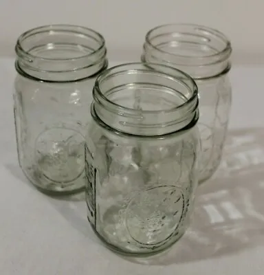 Vintage Ball Mason Jar Glass With Fruit Design 12oz Size Lot Of 3 • $12.99