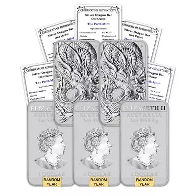 Lot Of 5 Random Years Australia 1oz Silver Dragon Bars BU W/CoA .9999 Fine • $167.06