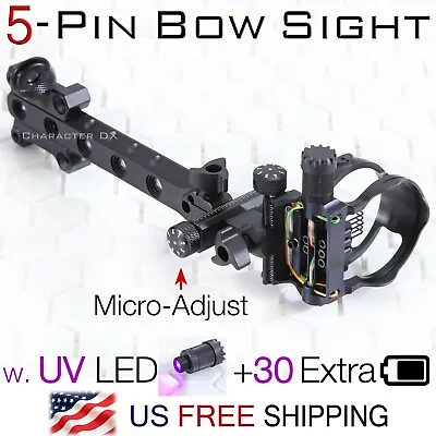 5 Pin Micro-Adjust Compound Bow Sight .019  Fiber UV LED + Batteries Bow Hunting • $75.98