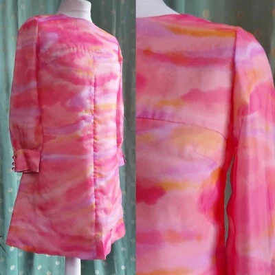 £30 • Buy Vintage 60s Dress Pink Chiffon Ombre Mini Scooter Go Go A Line Neon Mod 1960s