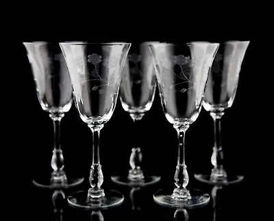 Vintage Floral Etch Tulip Stem Water Wine Glasses Set Of 5 Elegant Stemware • $74.95