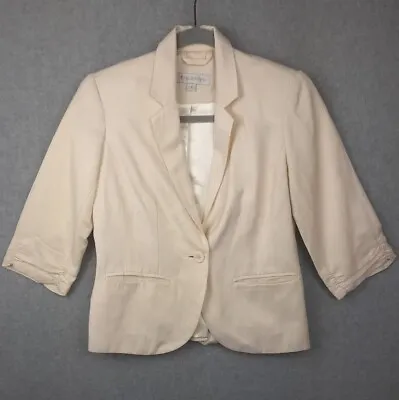 $16 • Buy Forever New Size 6 Off White Cotton Linen Blend Jacket With Ruched Sleeve 