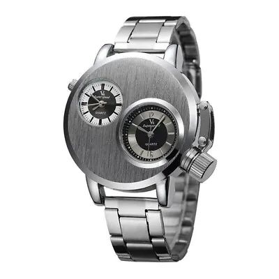 $19.99 • Buy Mens Unique V6 Quartz Wristwatch Two Time Zones Silver Tone Steel