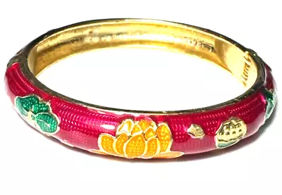 Vintage Jewelry Bracelet Hinge Gold Tone Hot Pink Floral Green Cloisonné 46 • $5