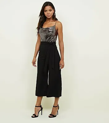 New Look Bronze Sequin Cowl Neck Top Wide Cropped Leg Jumpsuit Party Prom Uk 12 • £22.49