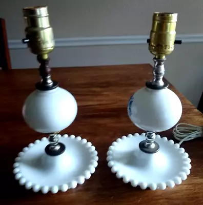 Vintage Pair Lamps Milk Glass Base Floral Painted Glass Globe 11 Inch Working • $49