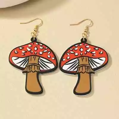 1 Pair Large Red Cap Mushroom Design Acrylic Dangle Earrings THB-93 • $9.95