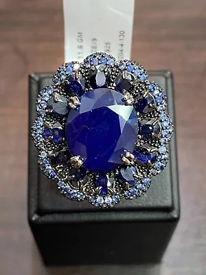 Natural Sapphire 14x12 Sapphire Sapphire Diamond Cut Sterling Silver 925 Ring • $177.67