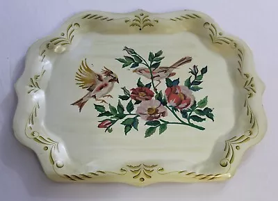 Vintage Scalloped Edge Hand Painted Folk Art Metal Tole Tray Birds Beige 19x15 • $33.75