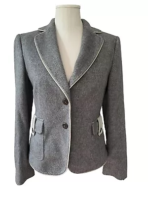 $55 • Buy Domenico Vacca Women's Sz 6 Fitted Blazer Jacket Wool Leather Gray Herringbone