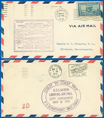 5/6/32 USS AKRON COAST To COAST Cachets On Front & Back Lakehurst SCOTT #650! • $7.99