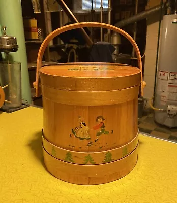 Vintage Primitive Hand Painted Wood Firkin Sugar Bucket With Lid & Handle • $35